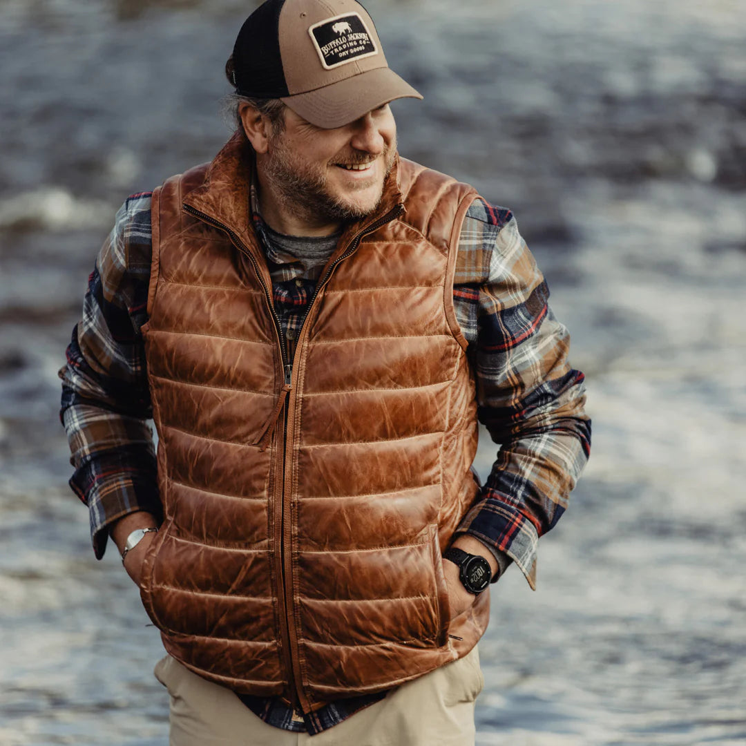 Brown Leather Puffer Vest for men&#39;s