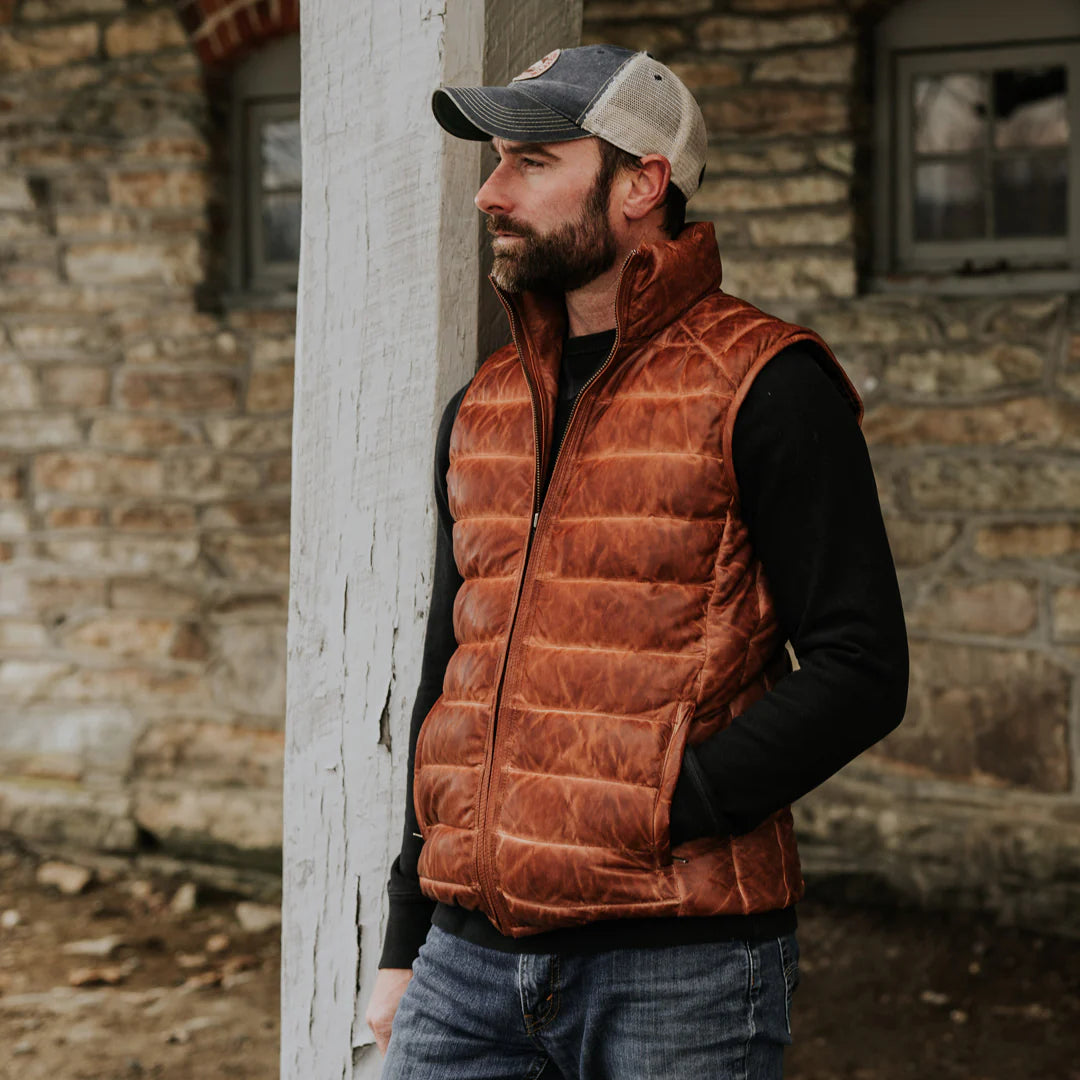 Brown Leather Puffer Vest for men&#39;s