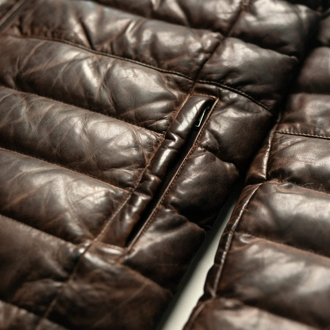 Brown Leather puffer jacket