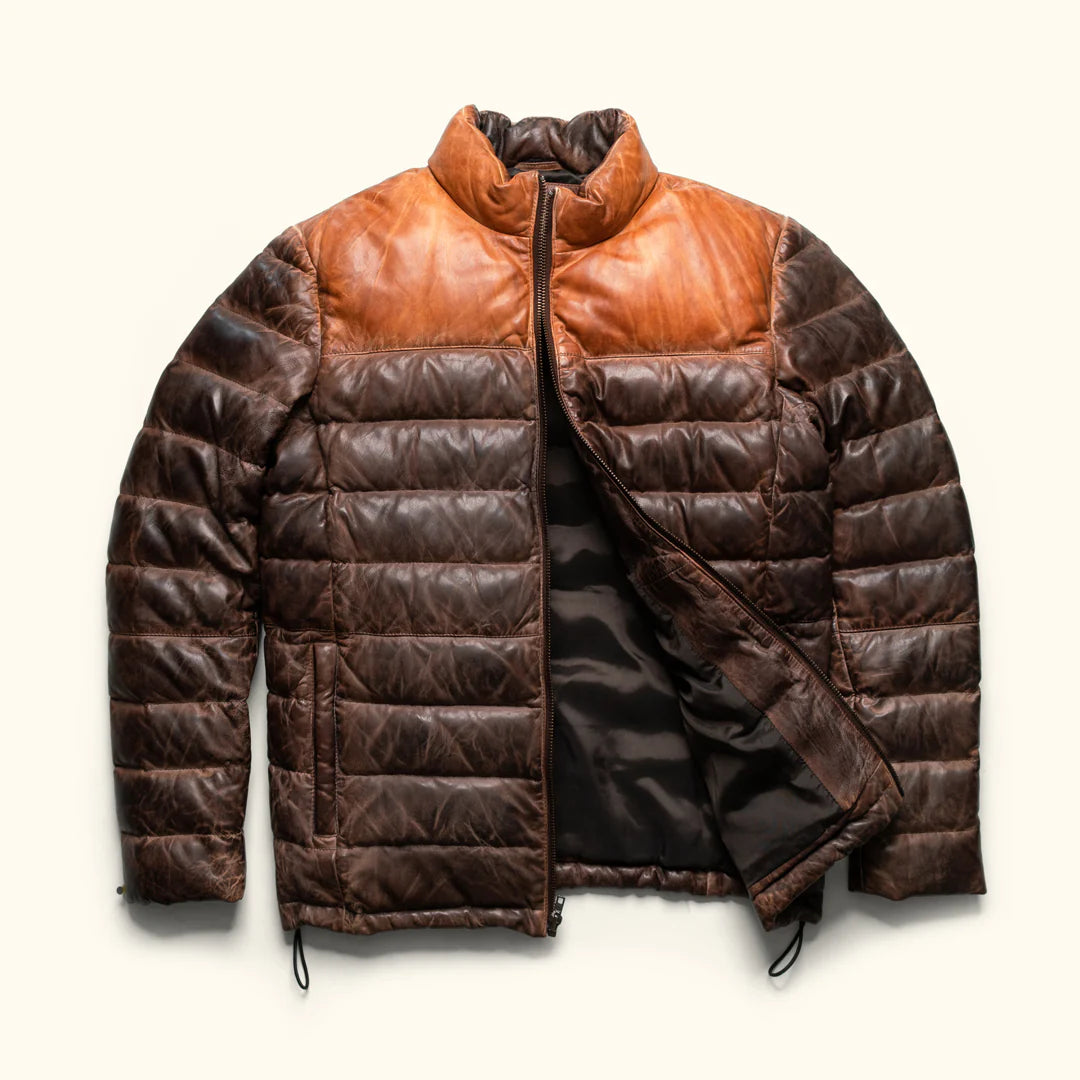 Brown Leather puffer jacket