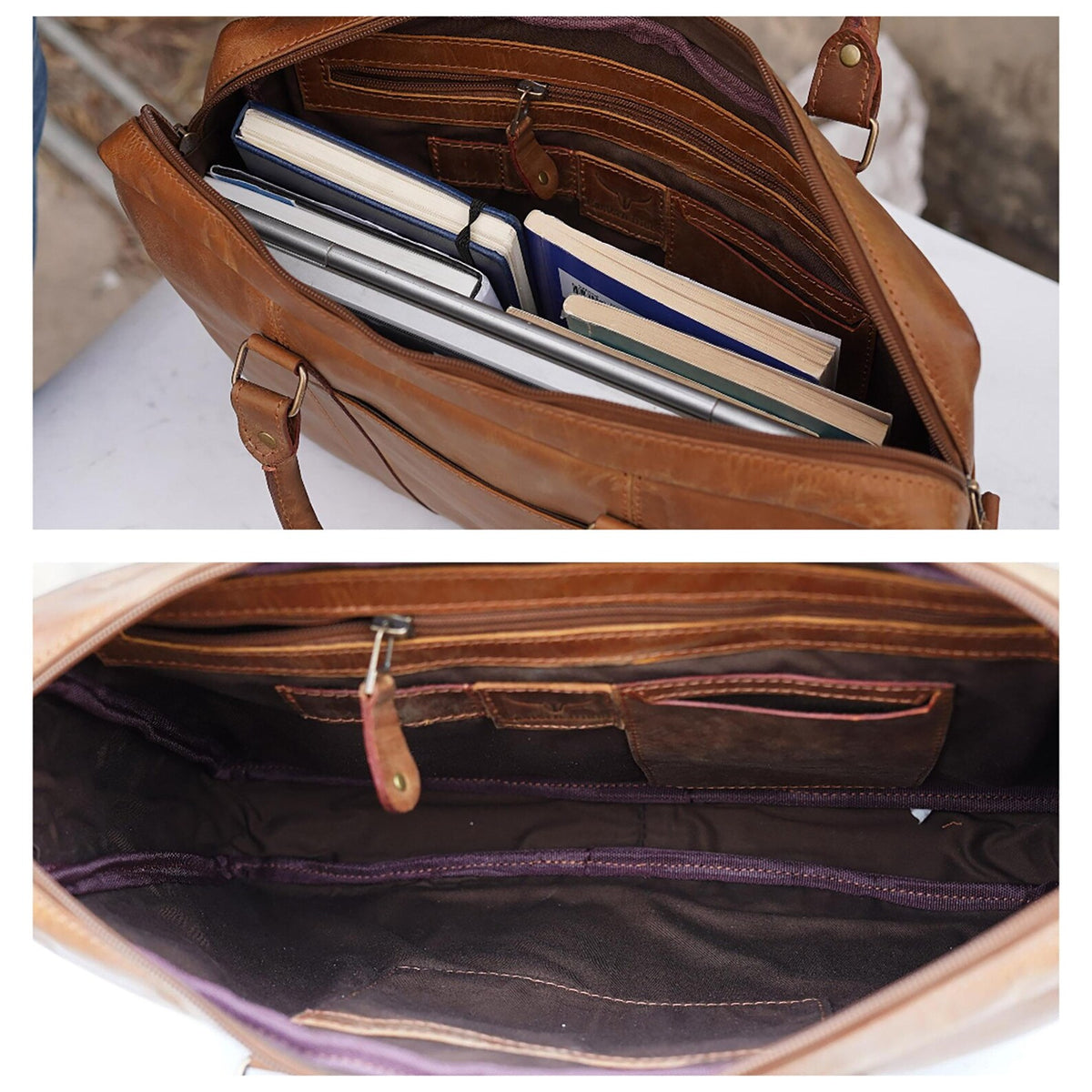 Brown slim leather laptop bag with compartments and books inside, on a white surface.