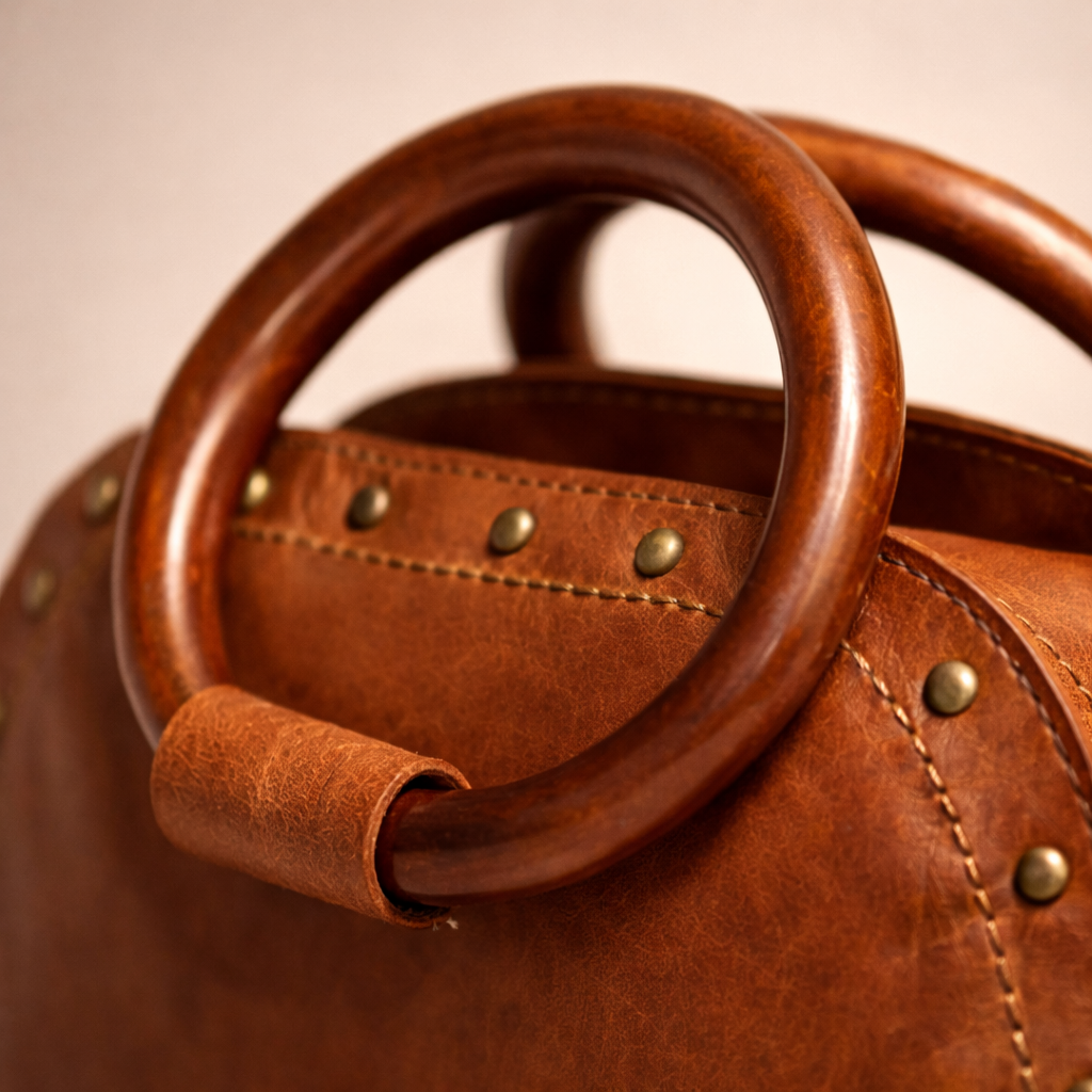 Wooden Handle Ladies Leather Hand Bag