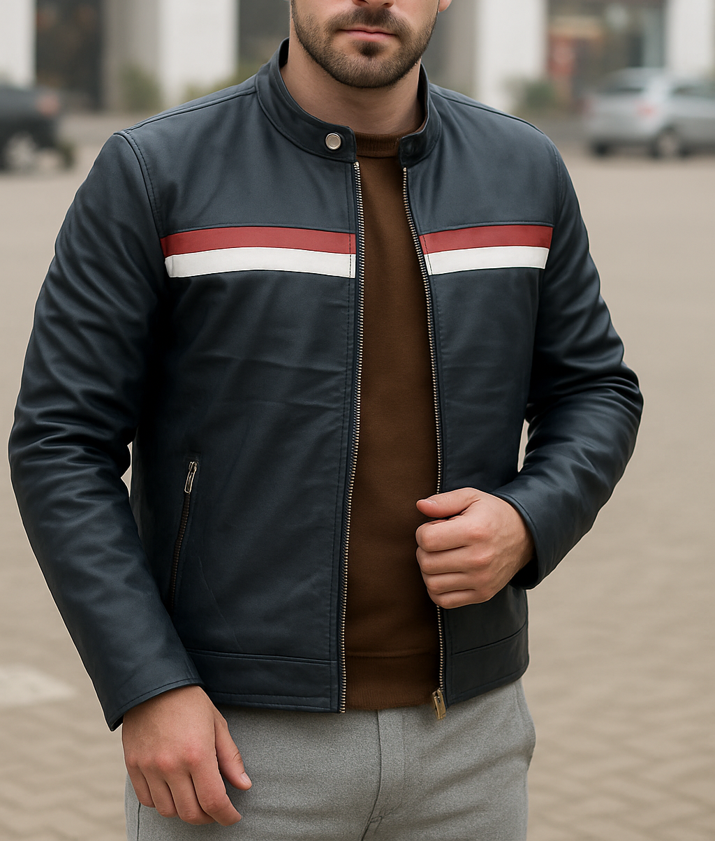 Blue leather jacket for men&#39;s with race winning line