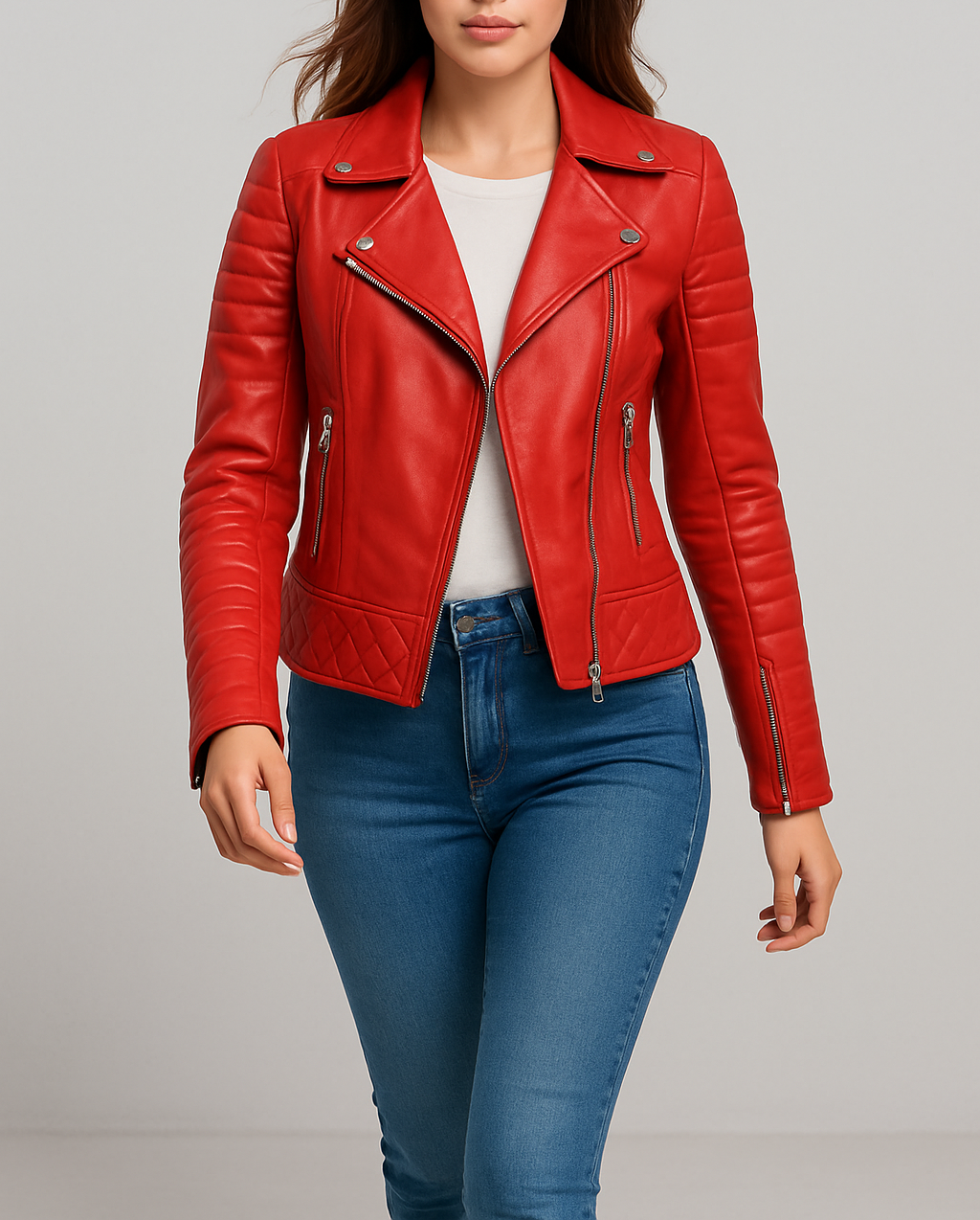 Women Boda Style Quilted Red Biker Leather Jacket
