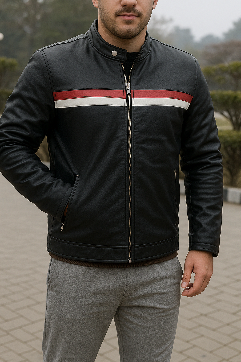 Blue leather jacket for men&#39;s with race winning line