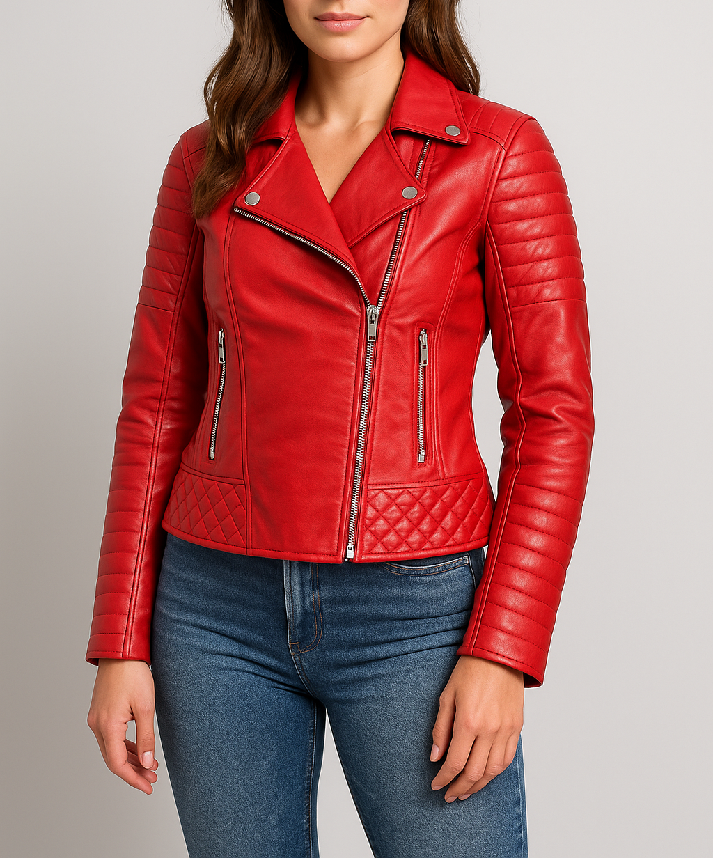 Women Boda Style Quilted Red Biker Leather Jacket