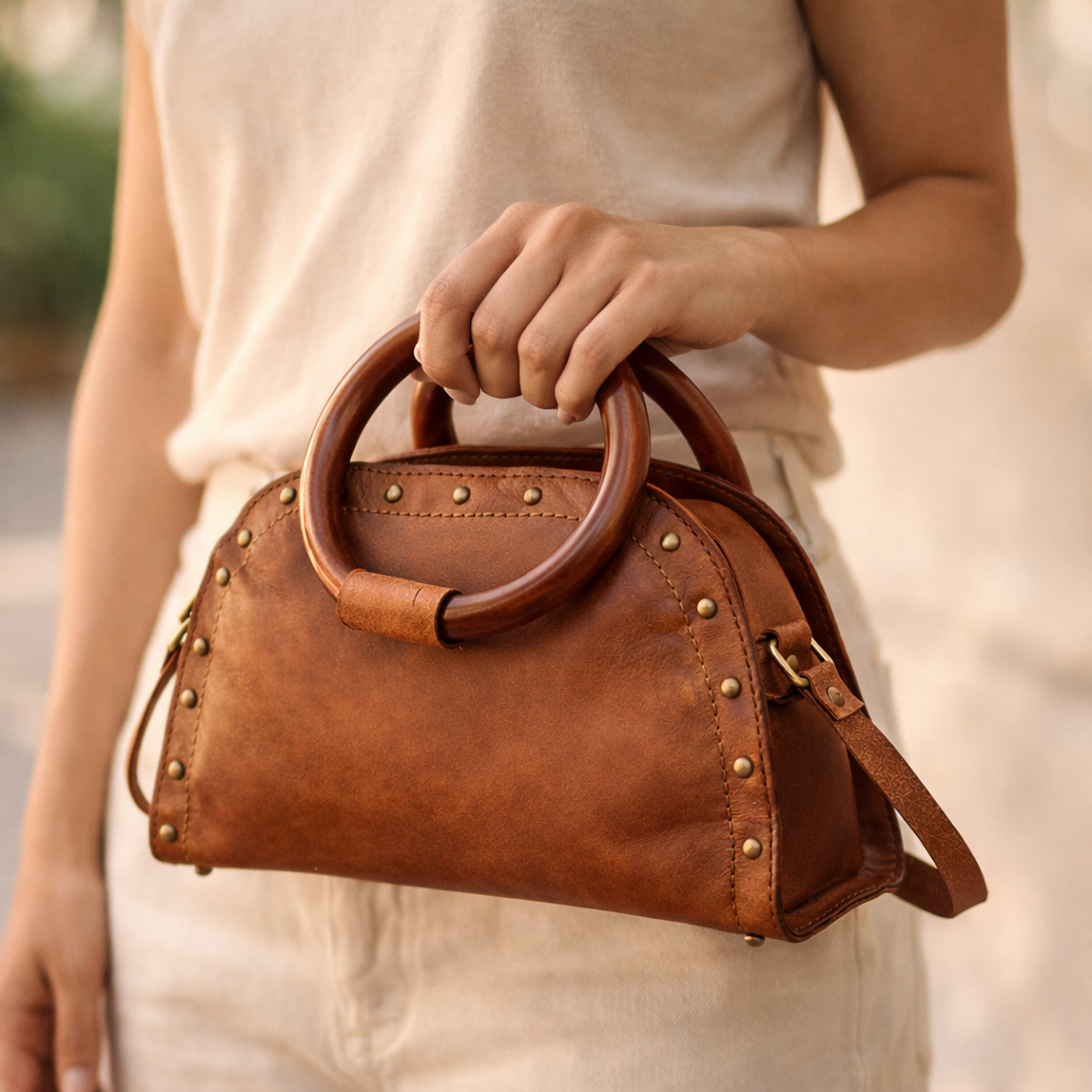 Wooden Handle Ladies Leather Hand Bag
