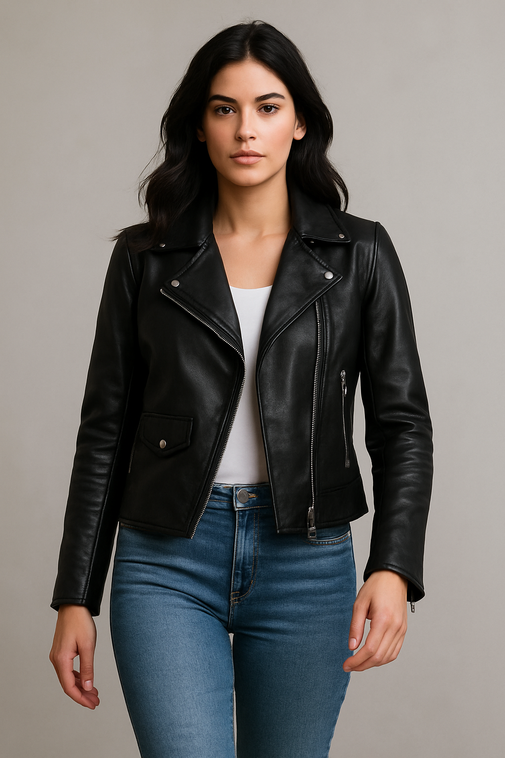 Women&#39;s Slim fit Soft Lamb Skin Black biker leather jacket