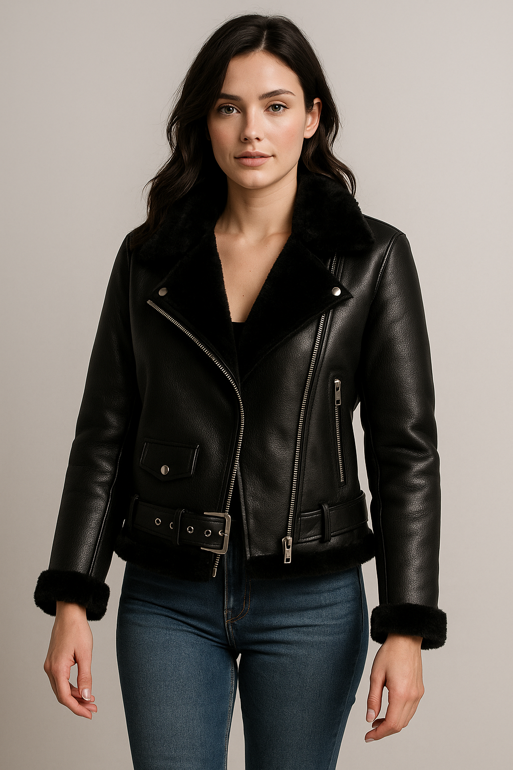 Women&#39;s Black Shearling Stylish &amp; Warm Leather jacket