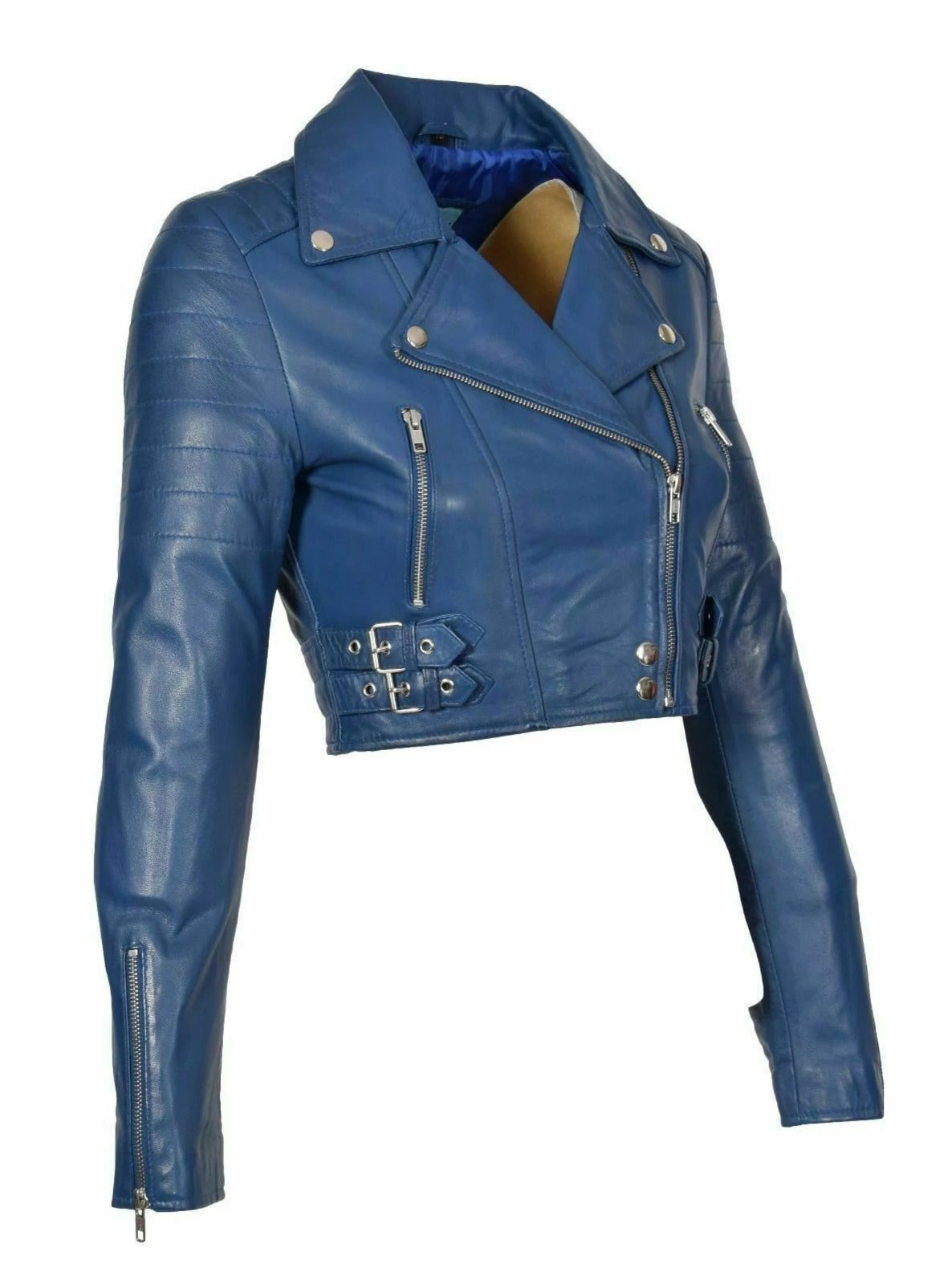 cropped Blue women&#39;s leather jacket
