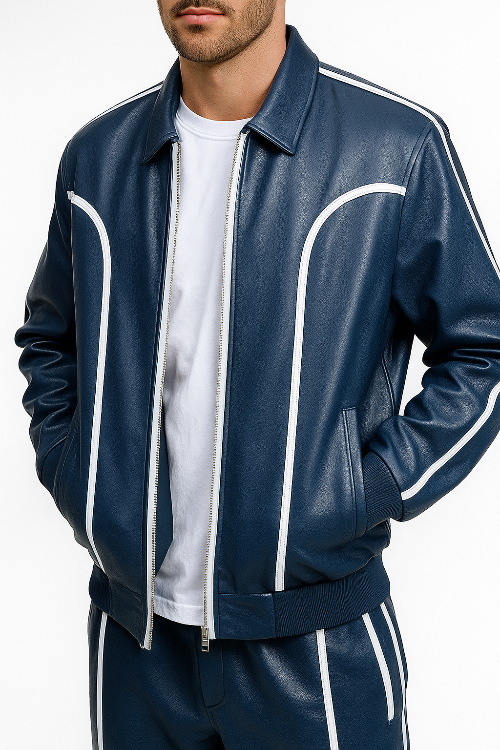 Men's Blue Leather Track Suit Sweatsuit