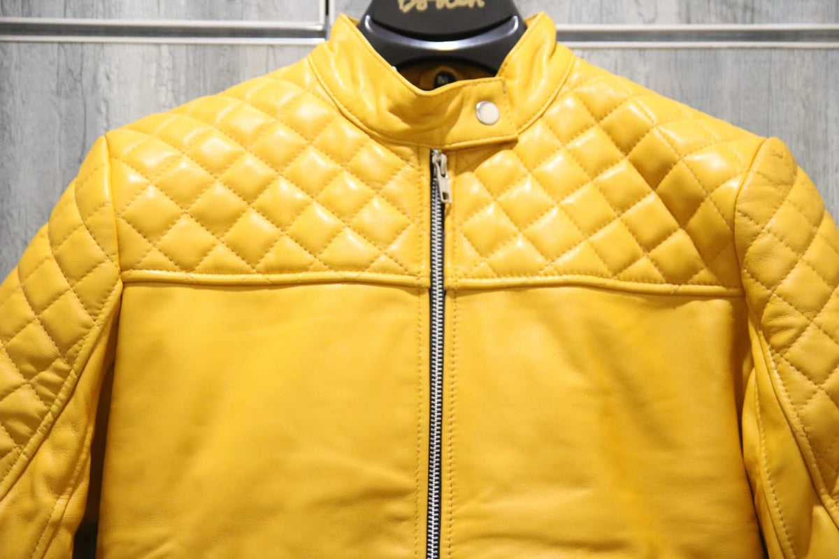 Yellow classic women&#39;s leather jacket