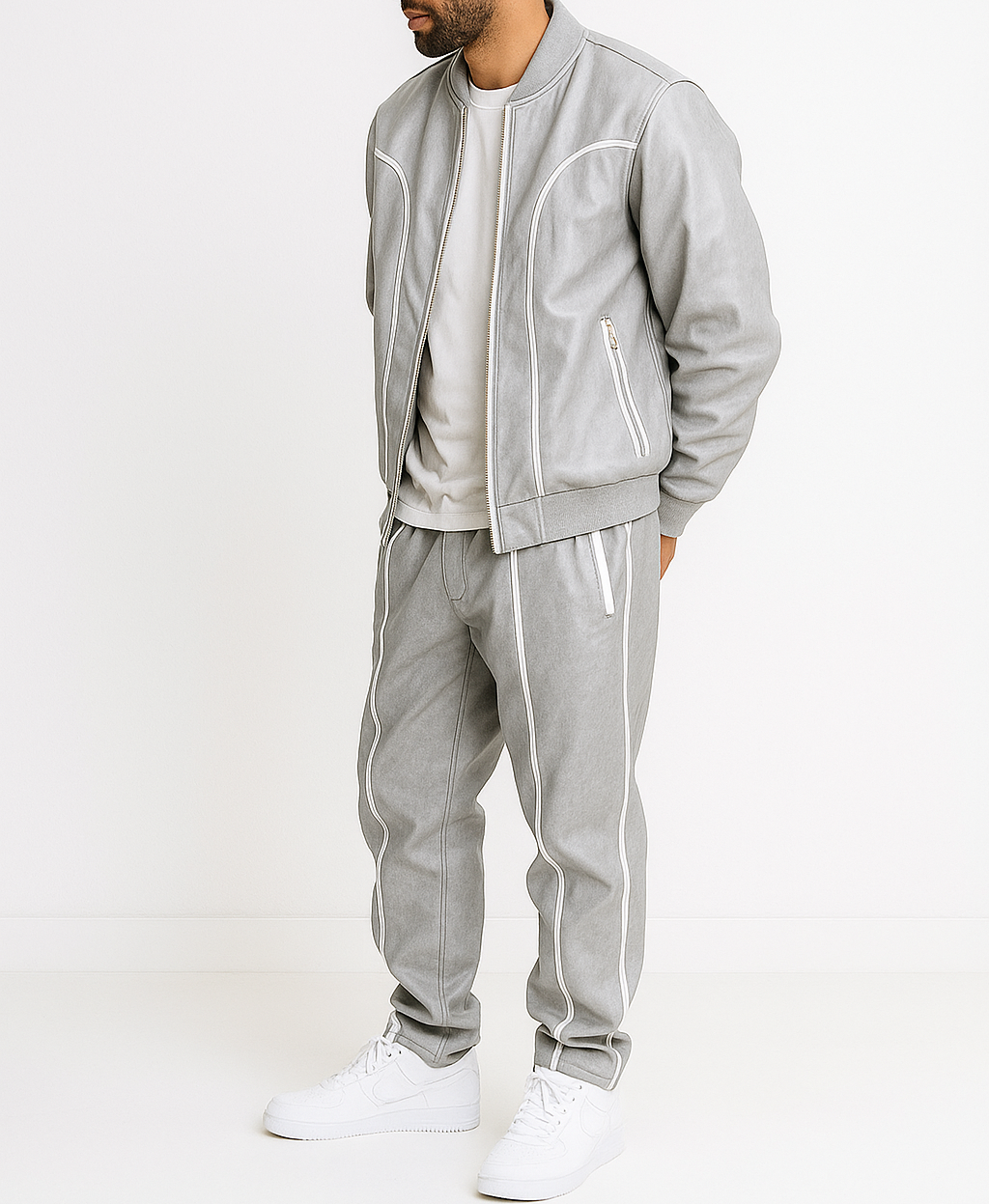 Men's Grey Leather Track Suit Sweatsuit