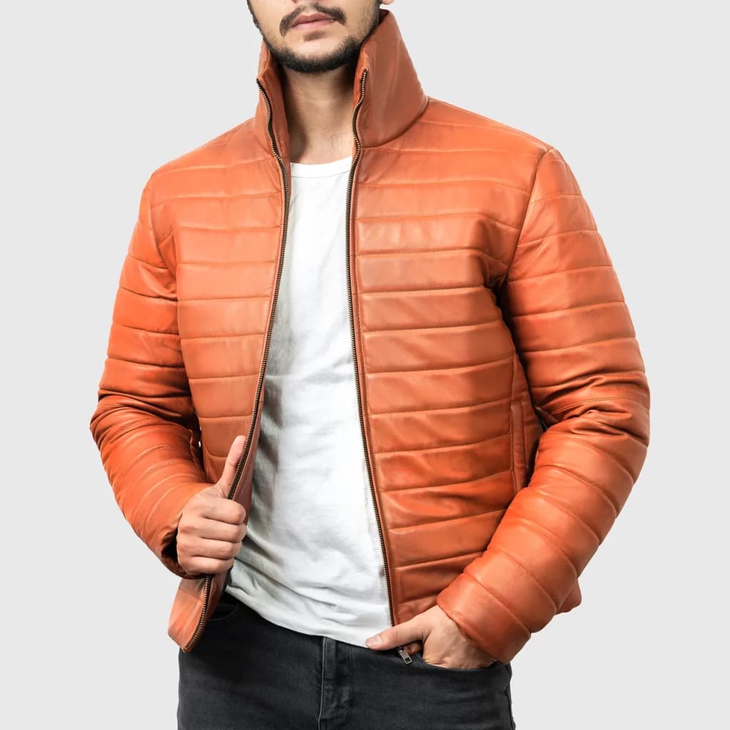 Orange Bomber leather Jacket For Men’s