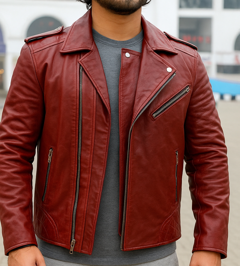Men&#39;s cafe racer red biker Leather Jacket