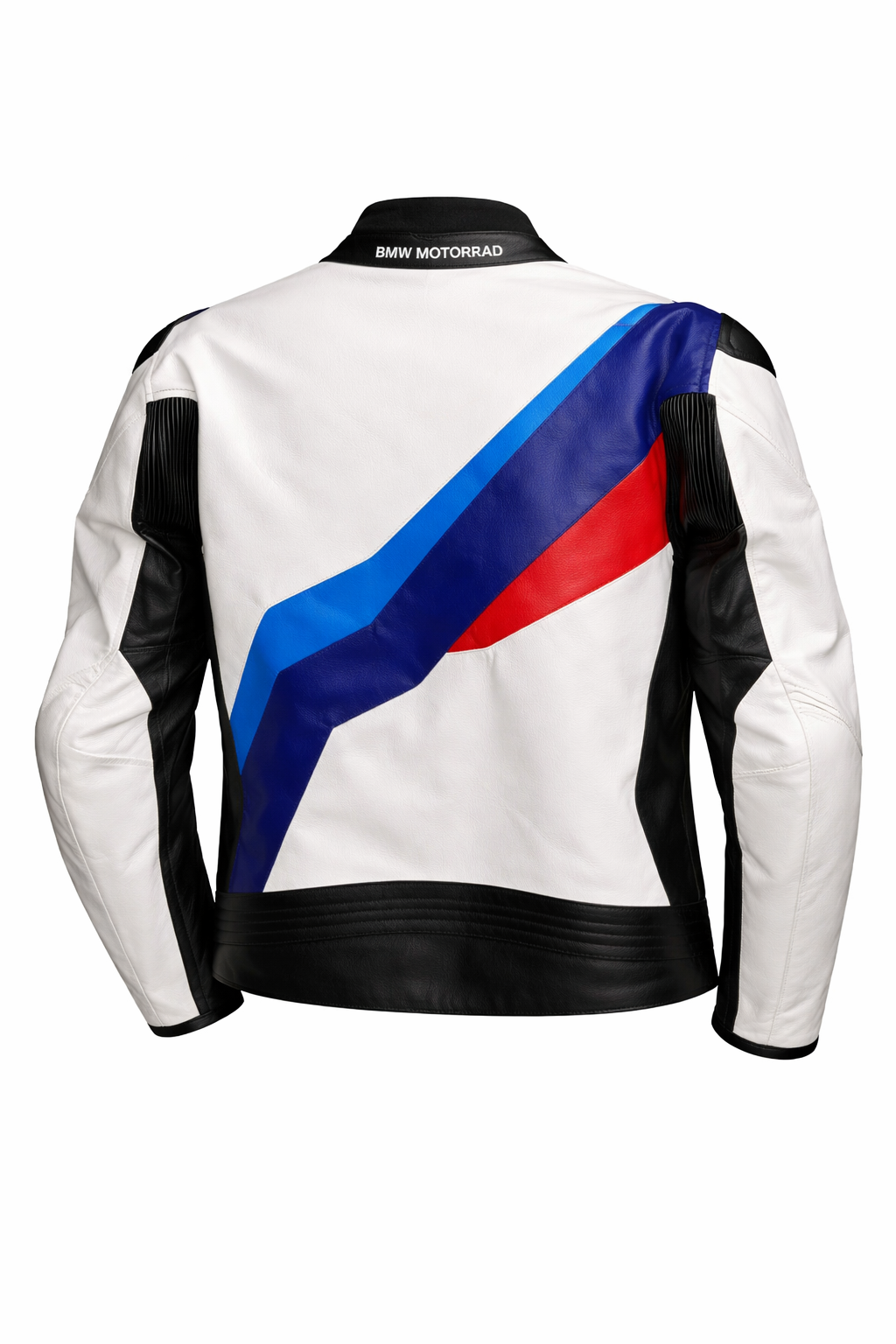 White leather jacket with BMW Motorrad logo and colorful stripe on a white background