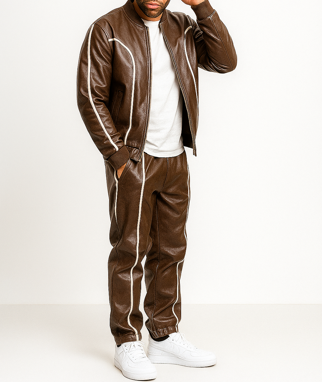 Men's Brown Leather Track Suit jogging Sweatsuit