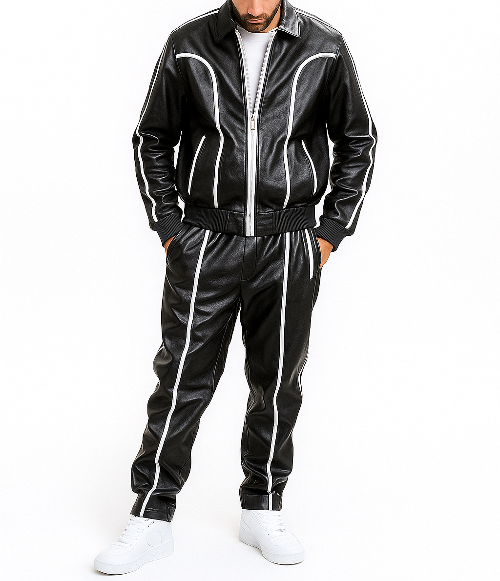 Men's Black Leather Track Suit Sweatsuit