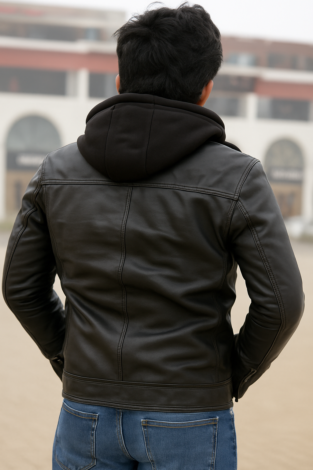 Hooded black leather jacket for men&#39;s, removable hood jacket