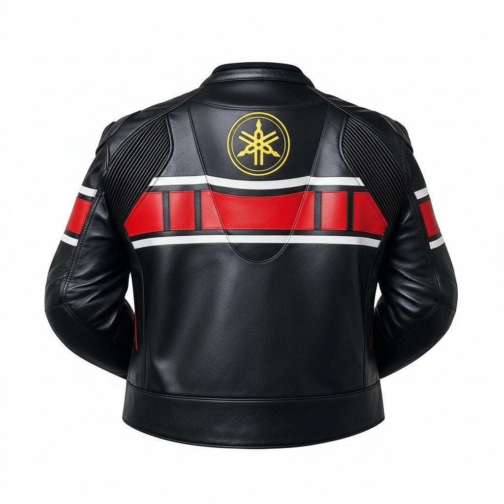 Black leather jacket with red and white stripes and a yellow logo on a white background