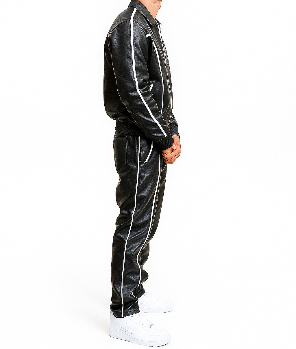 Men's Black Leather Track Suit Sweatsuit