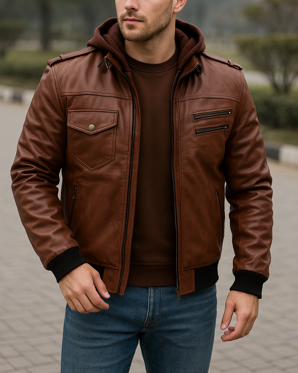 Hooded brown leather biker jacket for men&#39;s