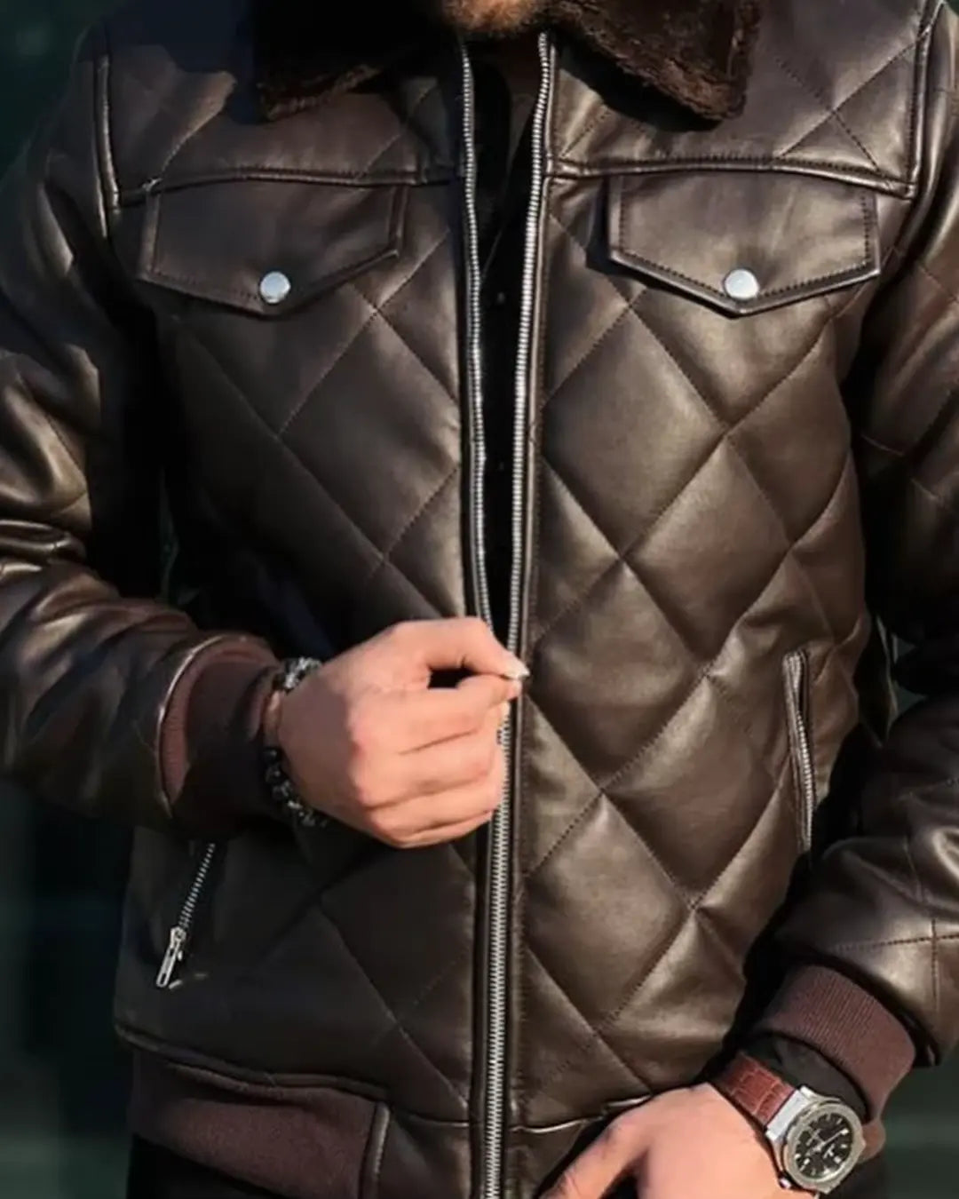 Lamb Skin Leather Puffer Jacket | Dark Brown Premium jacket for men