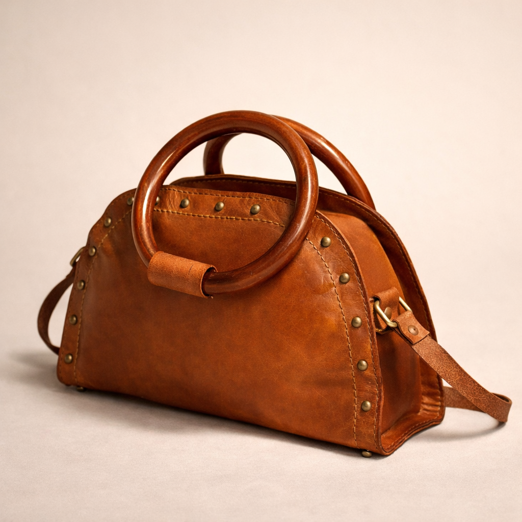 Wooden Handle Ladies Leather Hand Bag