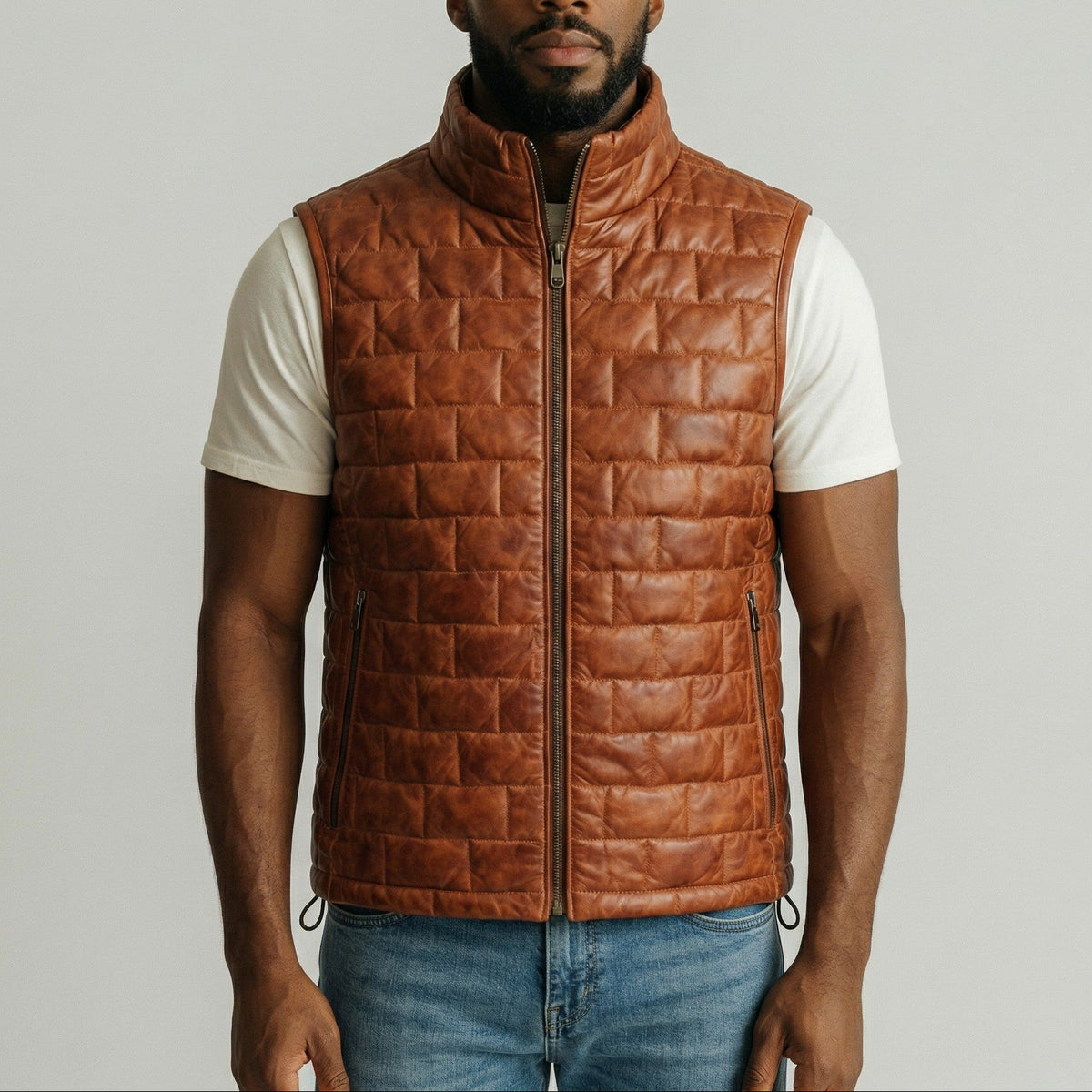 Brown Leather Puffer Vest