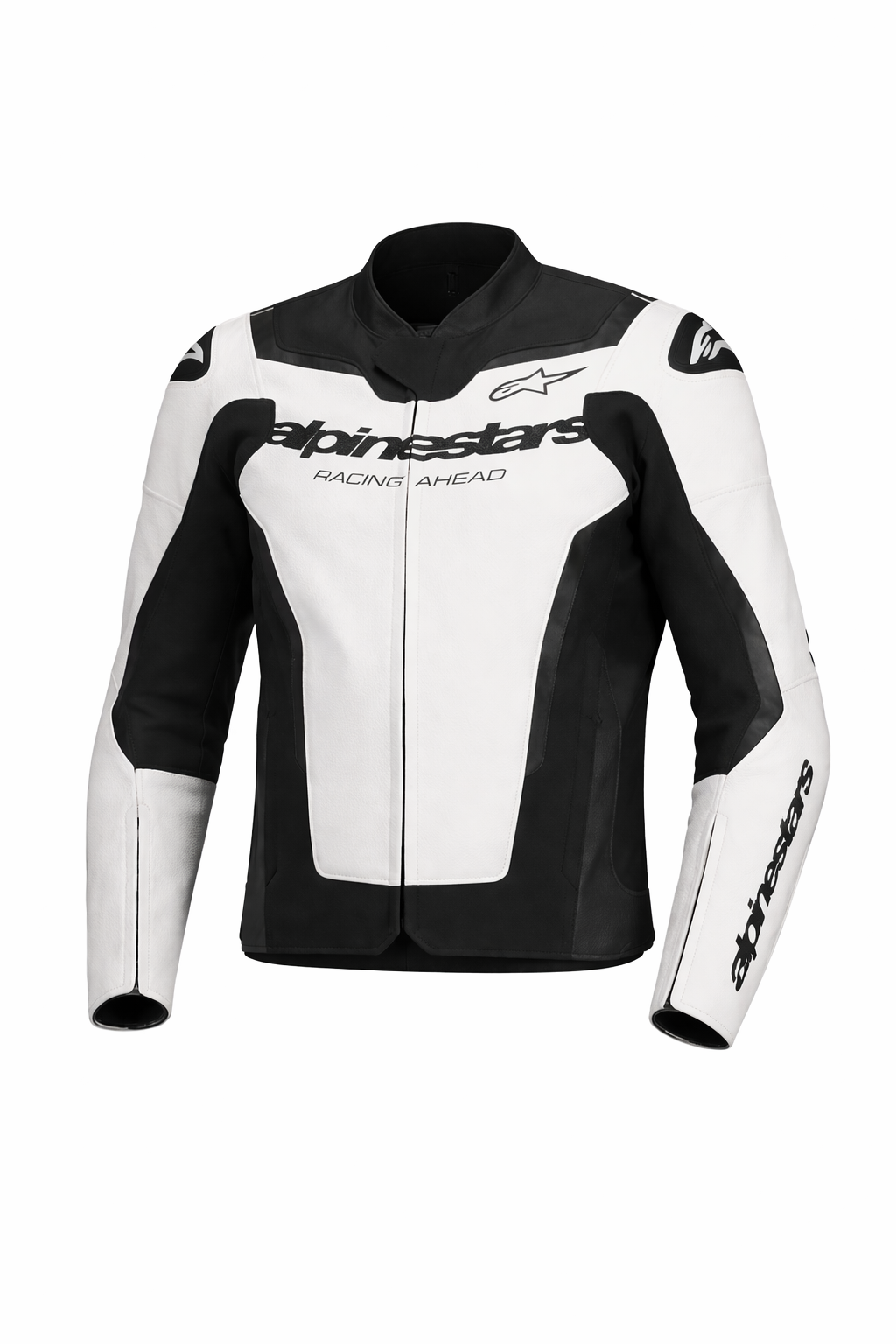 Black and white racing jacket with Alpinestars branding on a white background
