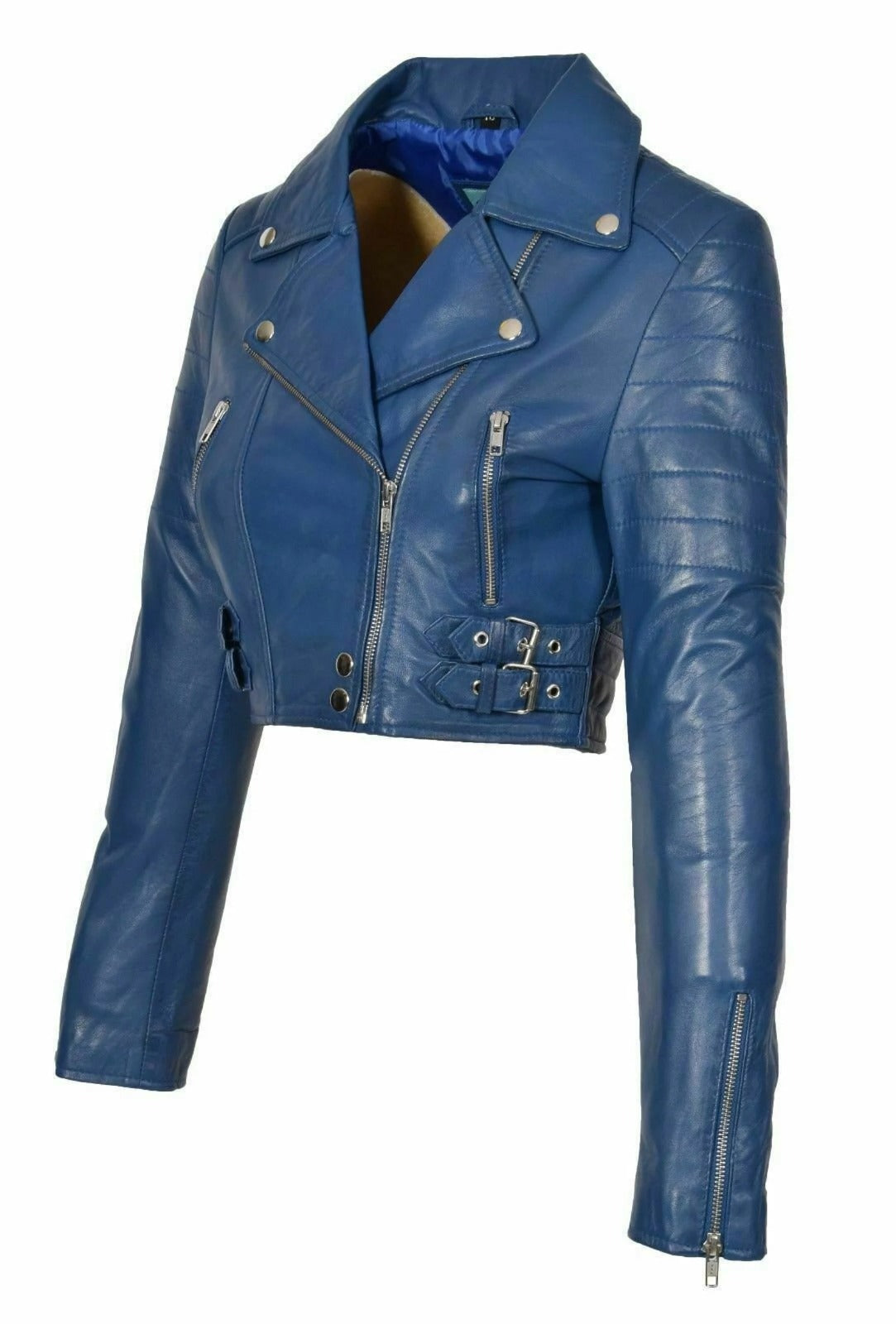 cropped Blue women&#39;s leather jacket