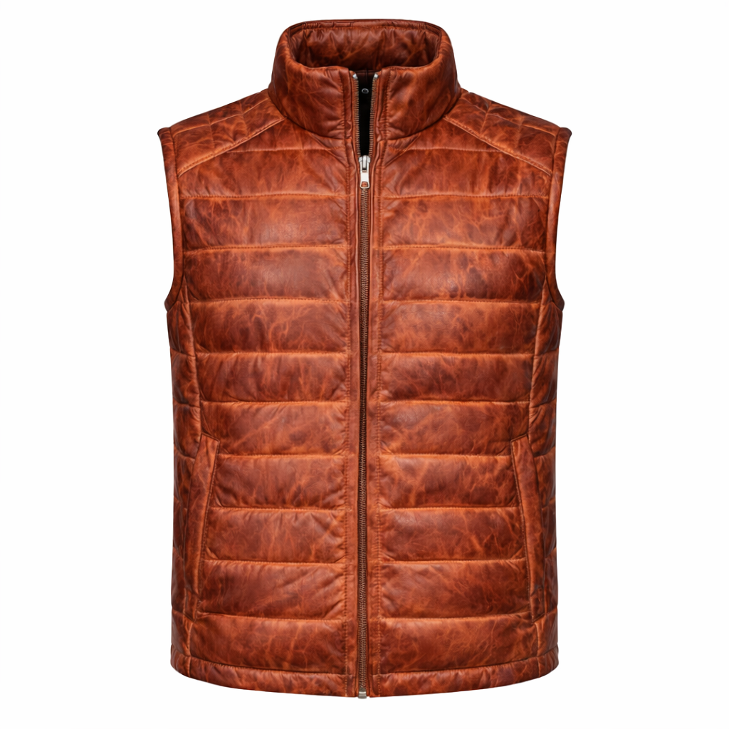 Brown Leather Puffer Vest for men's