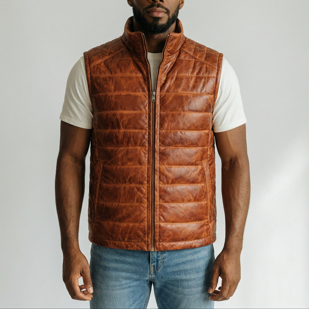 Brown Leather Puffer Vest for men's