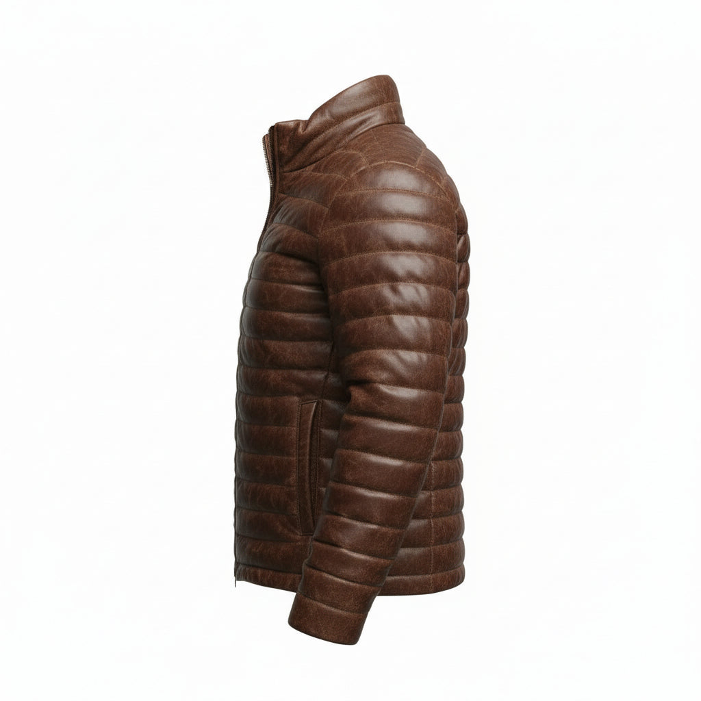 Brown Leather puffer jacket