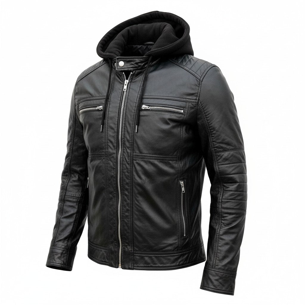 Black Leather Jacket With Hood