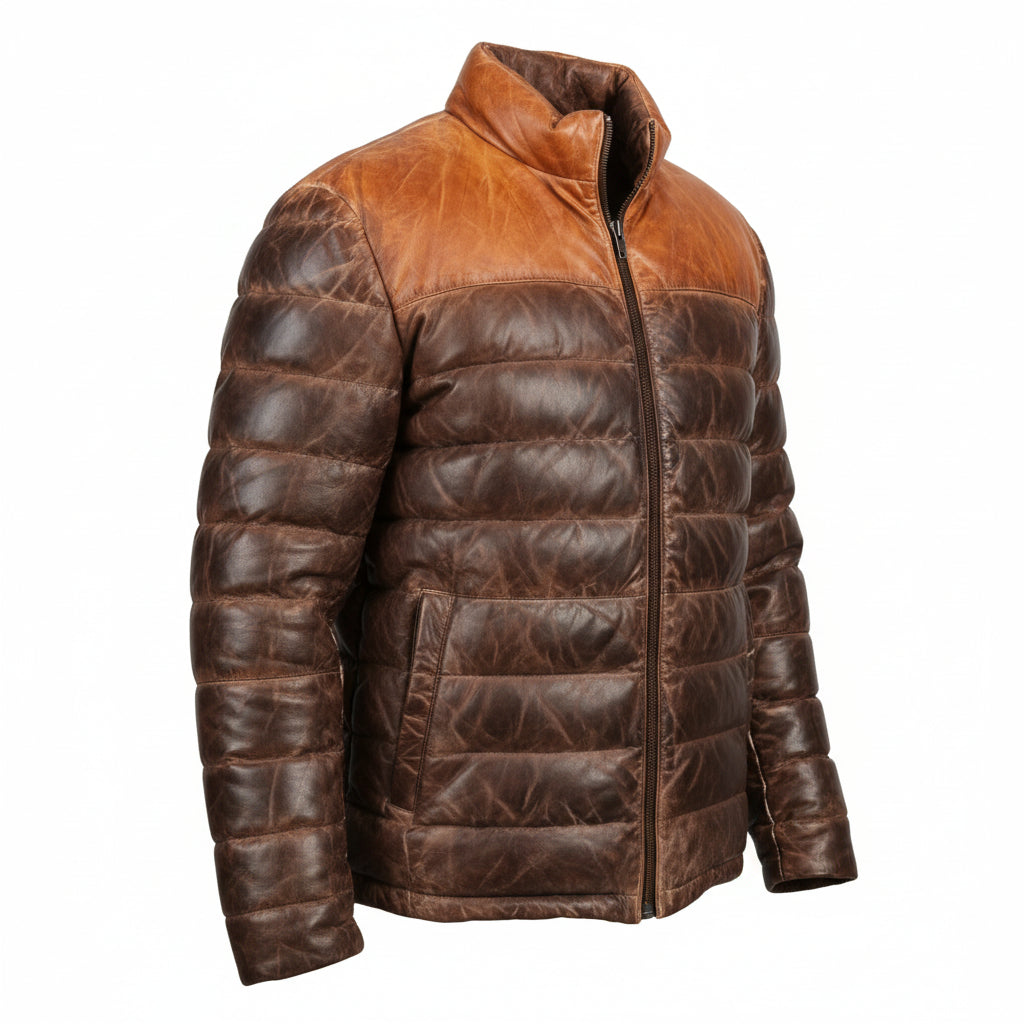Brown Leather puffer jacket