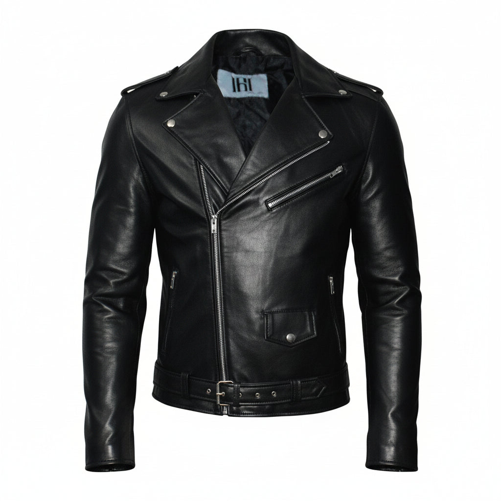Cafe Racer Leather Biker Jacket Black