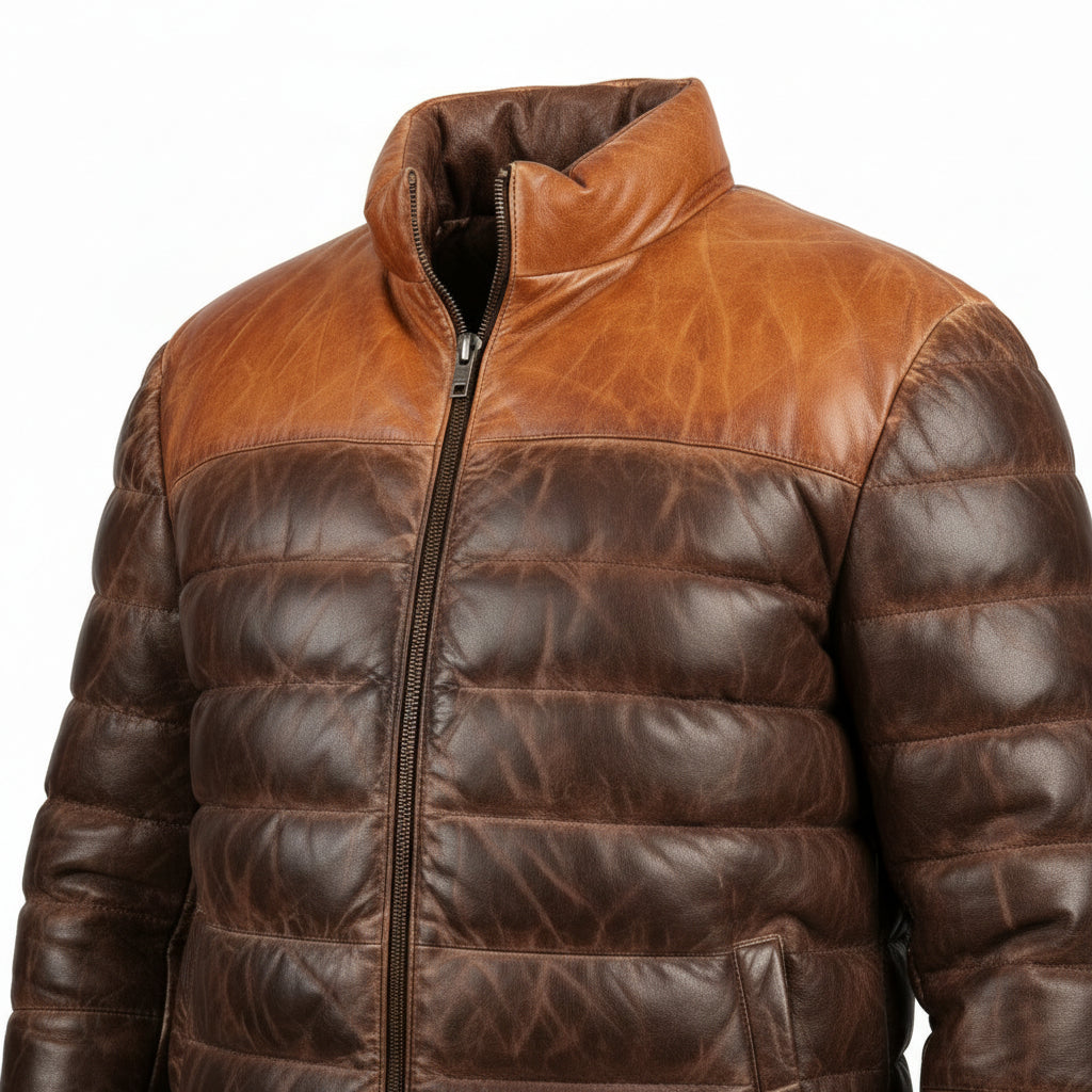 Brown Leather puffer jacket