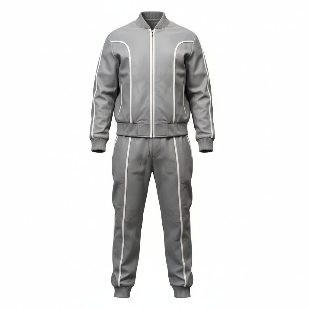 Men's Grey Leather Track Suit Sweatsuit