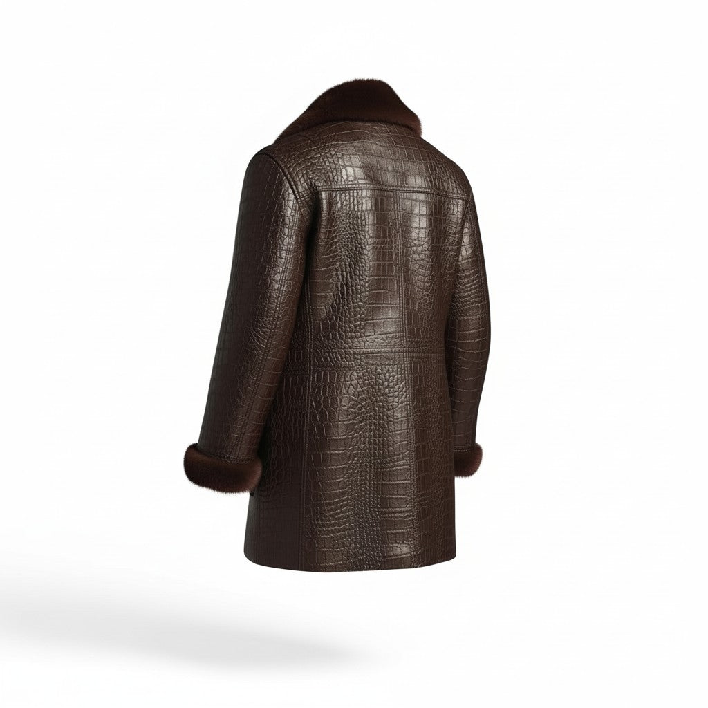Men’s Brown Crocodile Embossed Leather Fur Coat