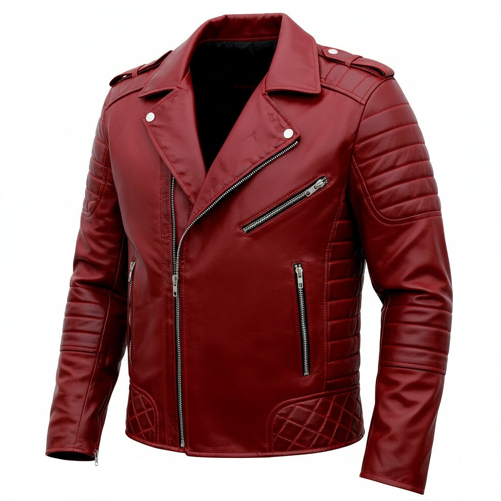 Men's Red Café Racer Biker Leather Jacket