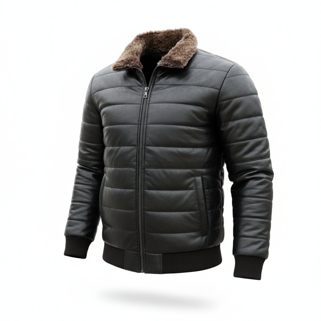 Men's Bomber Style Leather Jacket with Fur Collar - Vintage Aviator Look