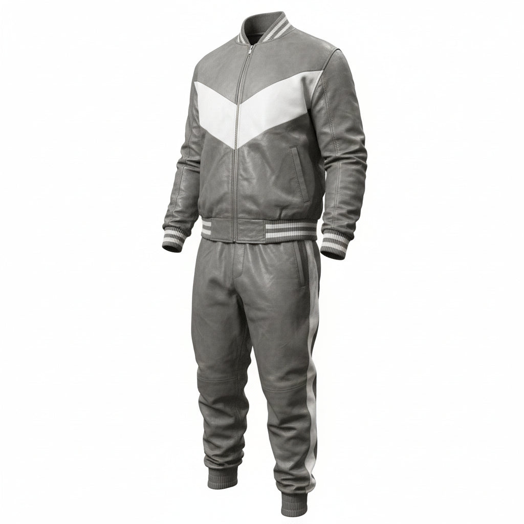 Men's V Grey Leather Track Suit jogging Sweatsuit