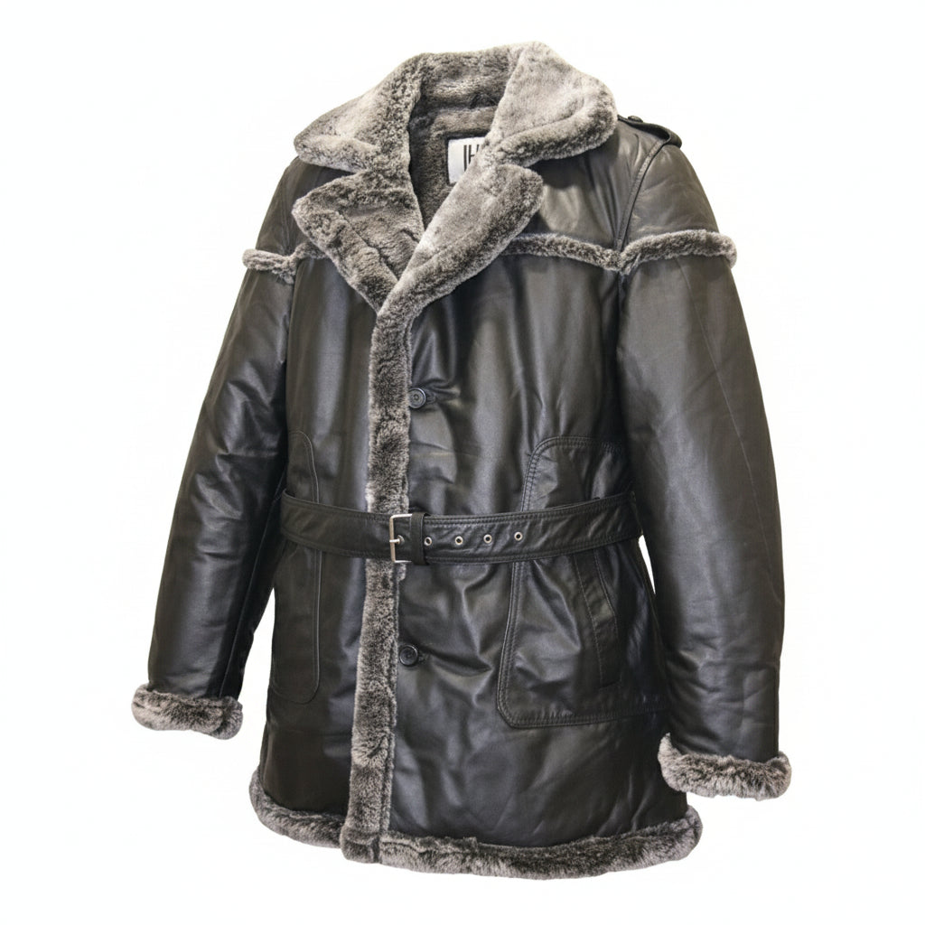 Dark leather coat with fur trim on a white background