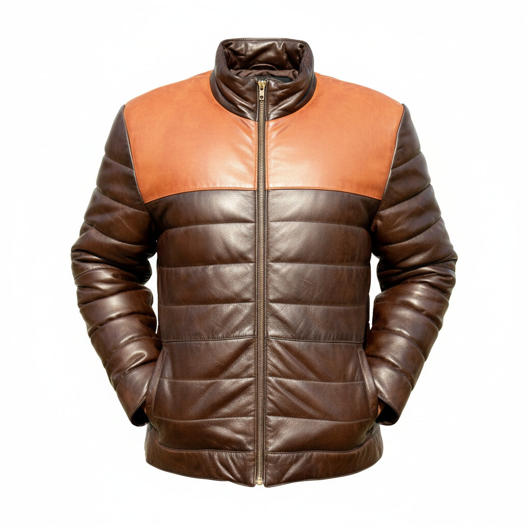 Brown Leather Puffer Jacket for Men