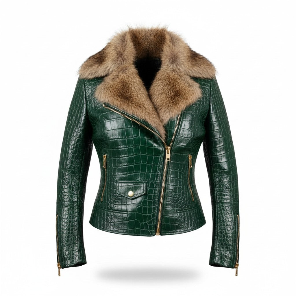Women's Olive Green Crocodile-Embossed Leather Fur jacket