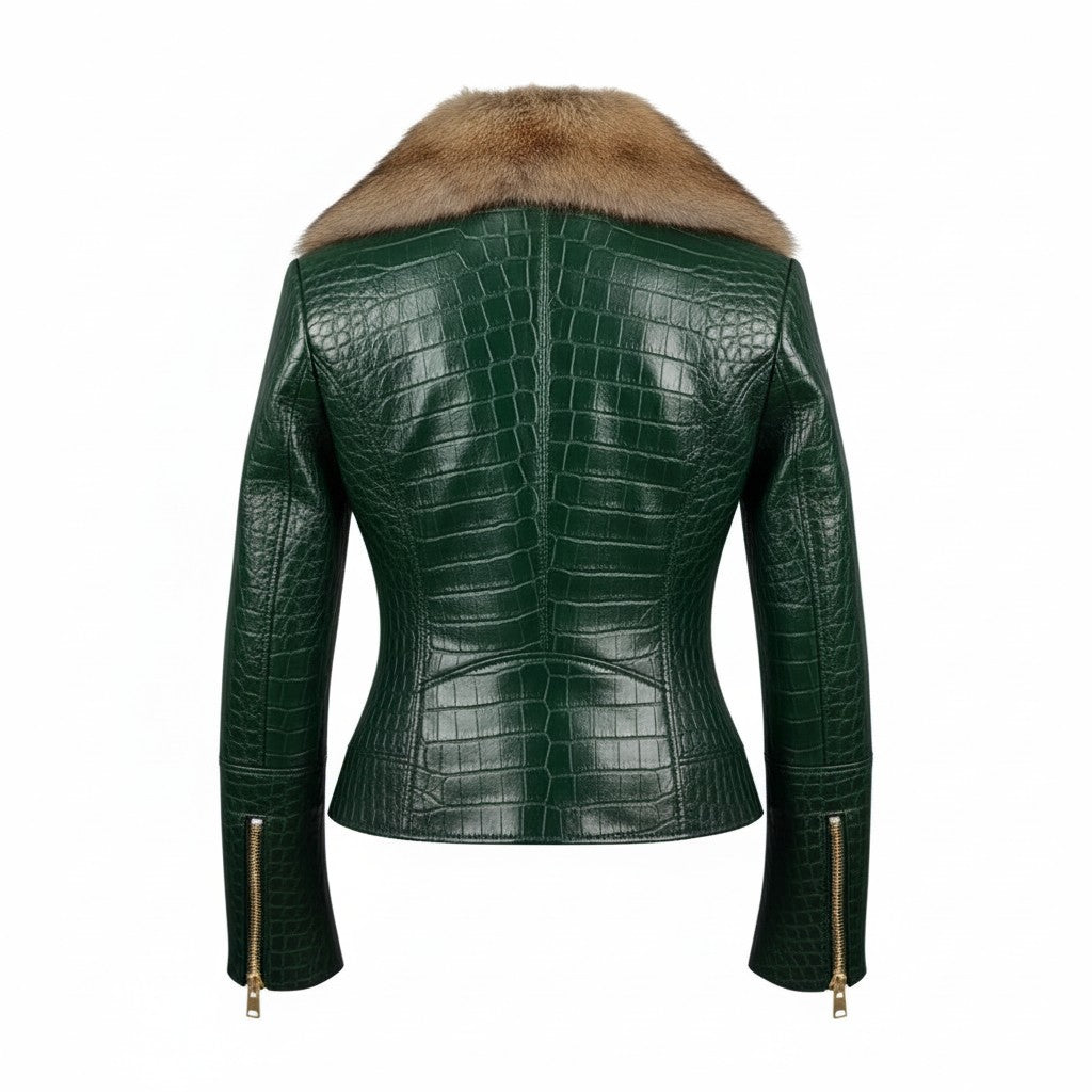 Women's Olive Green Crocodile-Embossed Leather Fur jacket