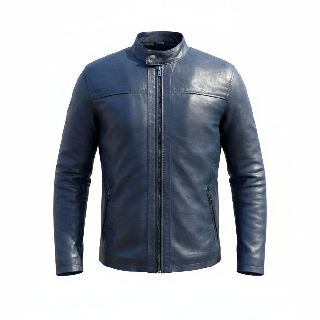 Bold Blue Leather Jacket with White Premium Fur