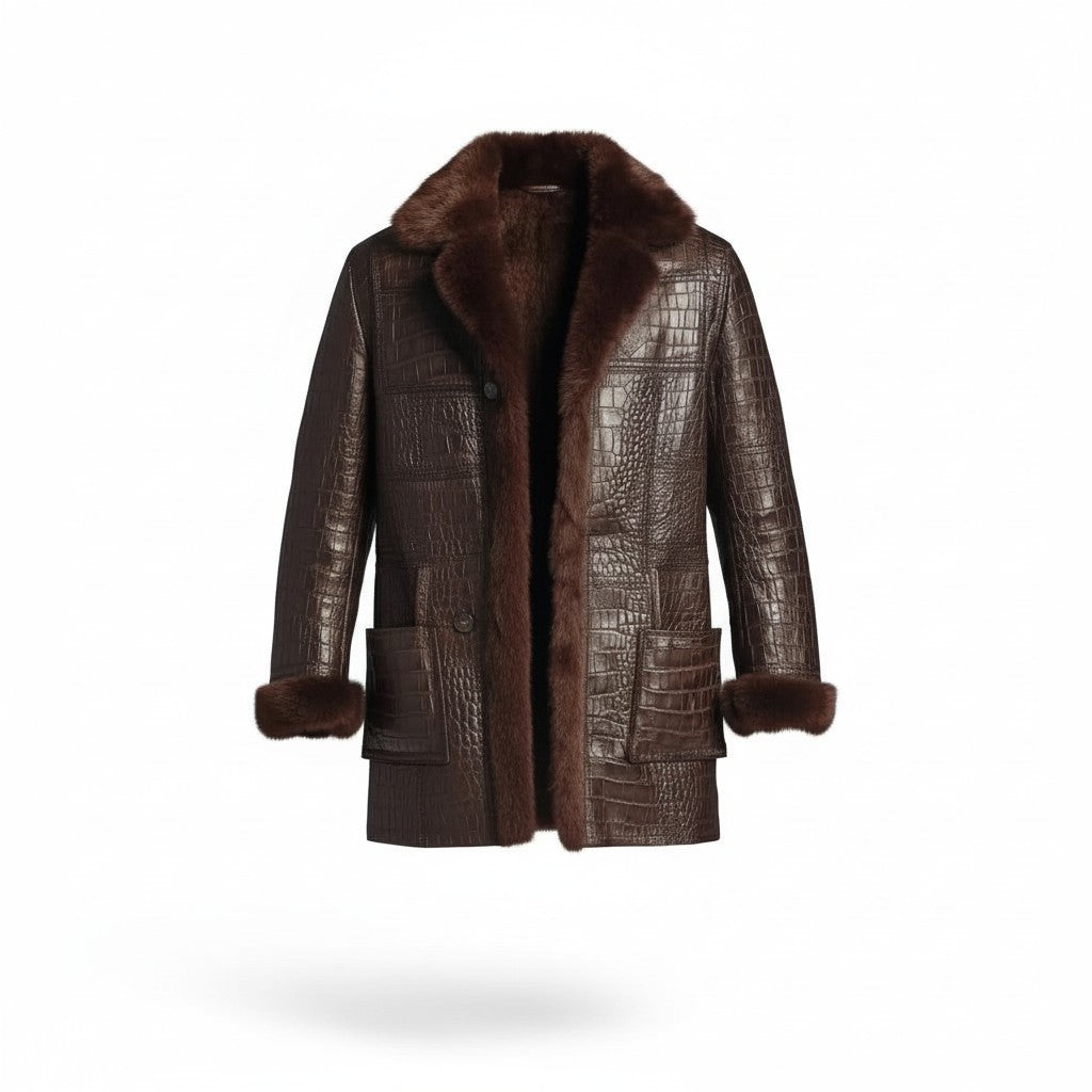 Men’s Brown Crocodile Embossed Leather Fur Coat