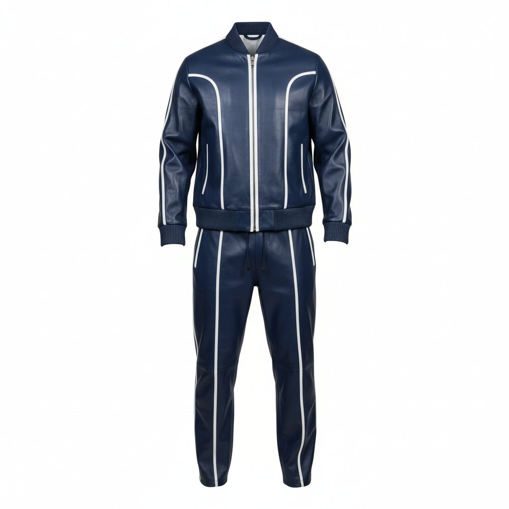 Men's Blue Leather Track Suit Sweatsuit